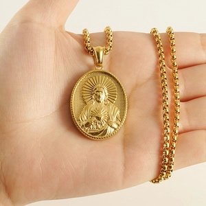 18K gold plated stainless steel oval Jesus pendant necklace with square pearl chain