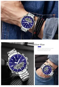 Detail of dual display watch with blue dial and luminous hands on silver steel band