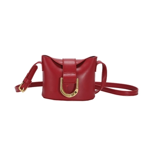 Vintage red leather bucket bag with gold horseshoe buckle on white background