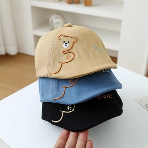 Kids bear embroidery beret caps in beige, blue and black cotton twill fabric