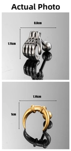 Vue détaillée des dimensions des boucles d'oreilles punk en acier et main de squelette