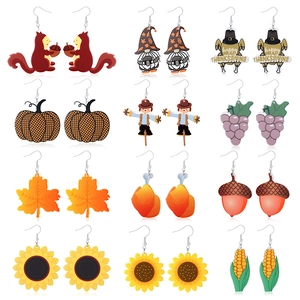 12 pairs of Thanksgiving earrings set featuring maple leaf, pumpkin, turkey, and sunflower