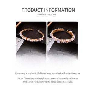 Detail specifications of 18K gold plated pearl and amethyst open bangles with measurements