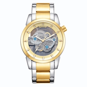 Montre homme business avec cadran squelette et bracelet en acier bicolore or et argent