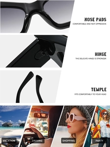 Detailed views of sunglasses featuring nose pads, hinges and multi-scenario lifestyle usage