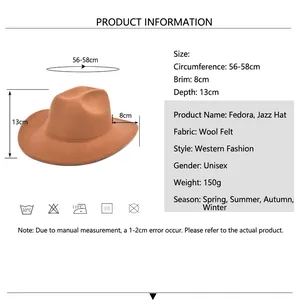 Camel wool western cowboy hat with wide brim showing size dimensions and parameters