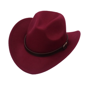 Classic burgundy wool felt cowboy hat featuring a dark brown leather belt with gold buckle