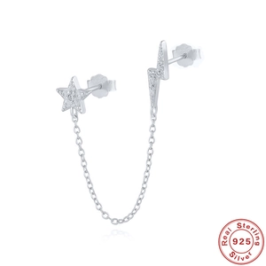 S925 sterling silver star and lightning chain stud earrings with zircon stones