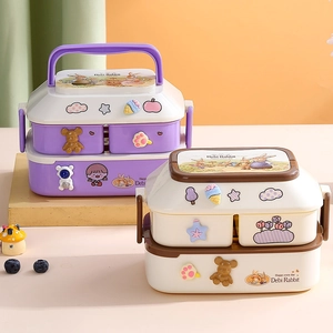 Layered Lunch Box Portable Microwaveable PP Plastic Bento Case With Handle Cartoon Rabbit For Kids School Office