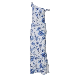 Detail of blue and white floral dress showing the one-shoulder knot and slim fit fabric