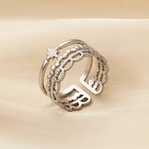 Elegant silver-toned layered open ring featuring star elements and hollow beaded edges