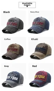 Detail view of vintage washed baseball caps in six colors with 1985 embroidery