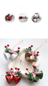 Detail of Christmas double bells with plaid bow and pine needles in four festive colors