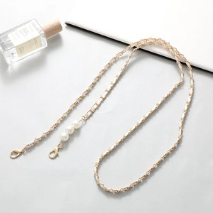 Elegant gold metal and pearl woven crossbody phone strap with lobster clasps