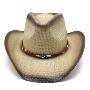 Classic western straw cowboy hat with wide brim, hamsa hand charm, and shaded edges
