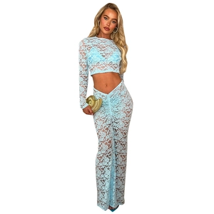 Light blue two-piece lace set with long sleeve crop top and bodycon maxi skirt