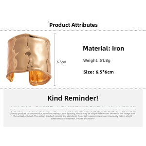 Detail showing height and weight specs of a gold-tone textured wide metal cuff bracelet
