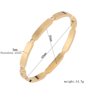 Golden square stainless steel bangle with diamond accents, 5mm width and size specs