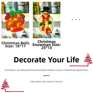 Detail view of LED Christmas window lights showing bell and snowman size specifications