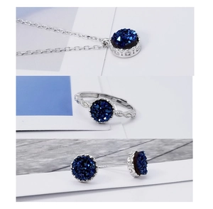 Detailed views of S925 silver jewelry set with blue drusy quartz necklace and open ring