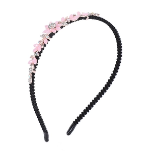 Serre-tête ondulé noir avec motifs floraux roses et strass brillants pour femmes