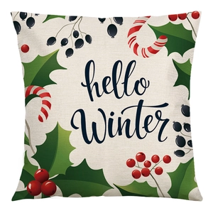 Linen Christmas pillowcase with hello winter text and festive holly berry pattern