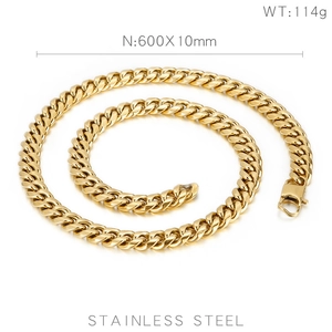Classic 10mm wide gold stainless steel Cuban link chain necklace for men, 60cm length