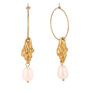 Golden seashell hoop earrings with freshwater pearl charms in a minimalist elegant style