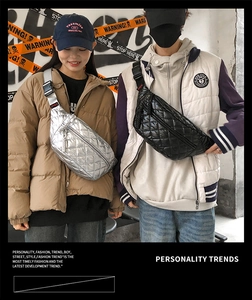 Street style shot of quilted puffer waist bags in silver and black for men and women
