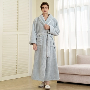 Thick grey coral fleece bathrobe for men featuring quilted collar and comfortable belt