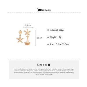 Detail view of asymmetric alloy seashell and starfish earrings with dimensions and specs