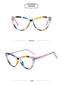 Vista frontale e laterale dettagliata di occhiali cat-eye con montatura a fiori multicolore