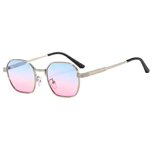 Stylish small frame metallic sunglasses with retro polygonal blue-pink gradient lenses