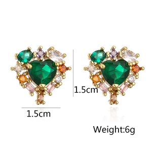 Detailed view of heart stud earrings with multi-color stones and dimensions