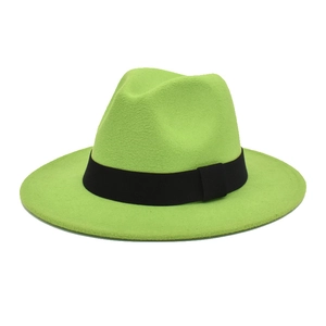 Fluorescent green wool fedora with a black ribbon band shown on a plain white background