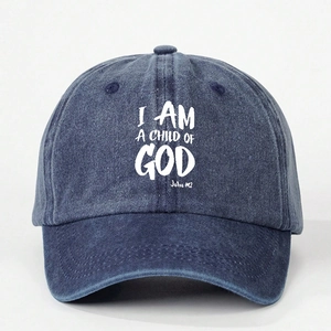Vintage washed navy blue baseball cap with I AM A CHILD OF GOD white printed text