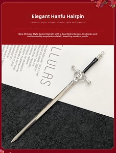 Macro shot of silver sword-shaped hair pin with black handle detail for Hanfu styling