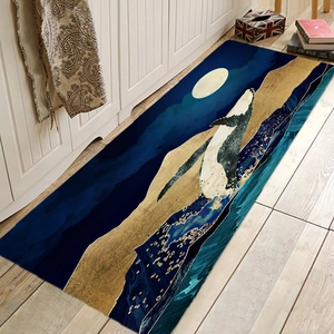Modern absorbent flannel kitchen mat with whale and mountain art in blue and gold colors