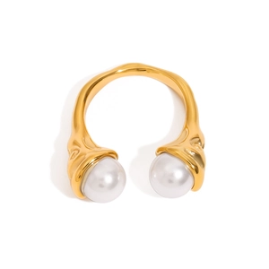 Adjustable 18k gold-plated titanium steel ring with double artificial pearls on white background