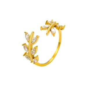 Elegant gold titanium steel ring with micro-set zircon leaf design on white background