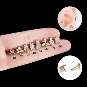 G23 Titanium Cartilage Stud Earrings Flower Leaf Star Zirconia Flat Back Threadless Push Pin Piercing Jewelry For Women