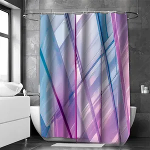 Detail of water-repellent polyester shower curtain with purple blue geometric 3D print