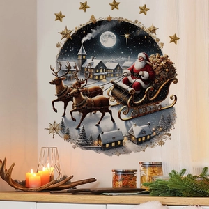 Christmas wall decal showing Santa with reindeer over a village on a white wall decor