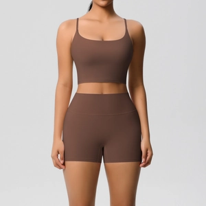 Detail view of brown square neck sports bra and high-waist fitness shorts set