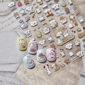 Relief cartoon dog family nail art stickers with cute hand-drawn puppies and macaron patterns