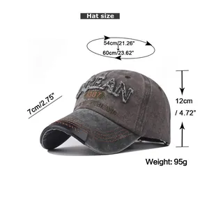 Size chart for washed cotton baseball cap with ocean embroidery and adjustable strap