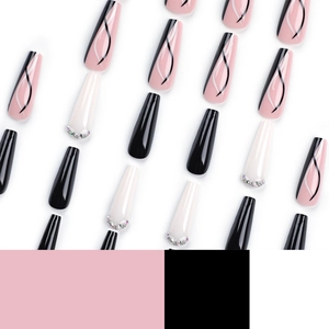 Faux ongles ballerine classiques noir et blanc avec strass et motifs de lignes