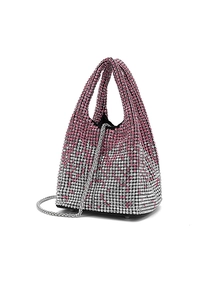 Detail of gradient pink rhinestone bucket bag with sparkling crystals and silver chain strap