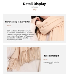 Detail of warm beige cashmere-like scarf showing soft texture and tassel design