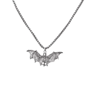 Close-up of gothic silver bat pendant with detailed wings and matching box chain necklace